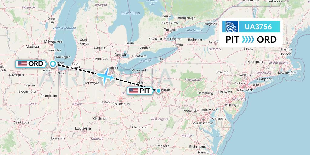 UA3756 United Airlines Flight Map: Pittsburgh to Chicago