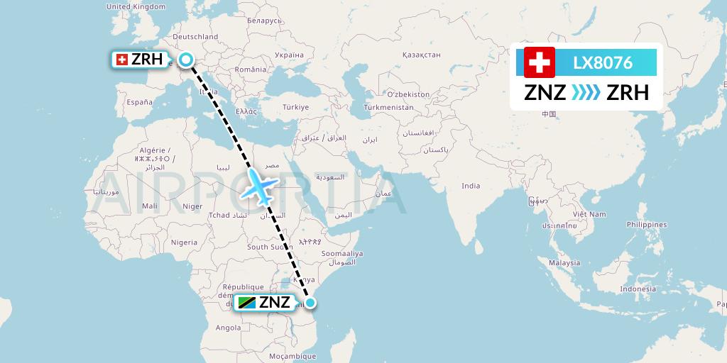 LX8076 Swiss Flight Map: Zanzibar to Zurich