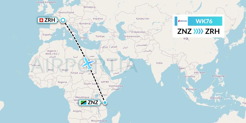 WK76 Edelweiss Air Flight Map: Zanzibar to Zurich