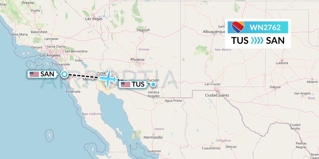 WN2762 Southwest Airlines Flight Map: Tucson to San Diego