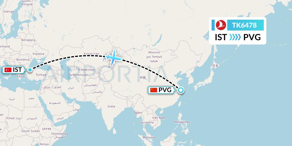 TK6478 Turkish Airlines Flight Map: Istanbul to Shanghai