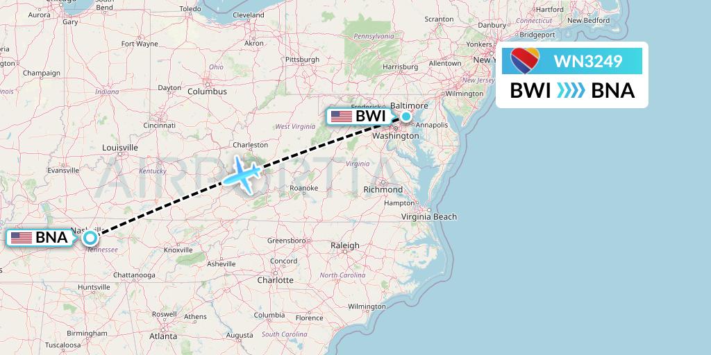 WN3249 Southwest Airlines Flight Map: Baltimore to Nashville