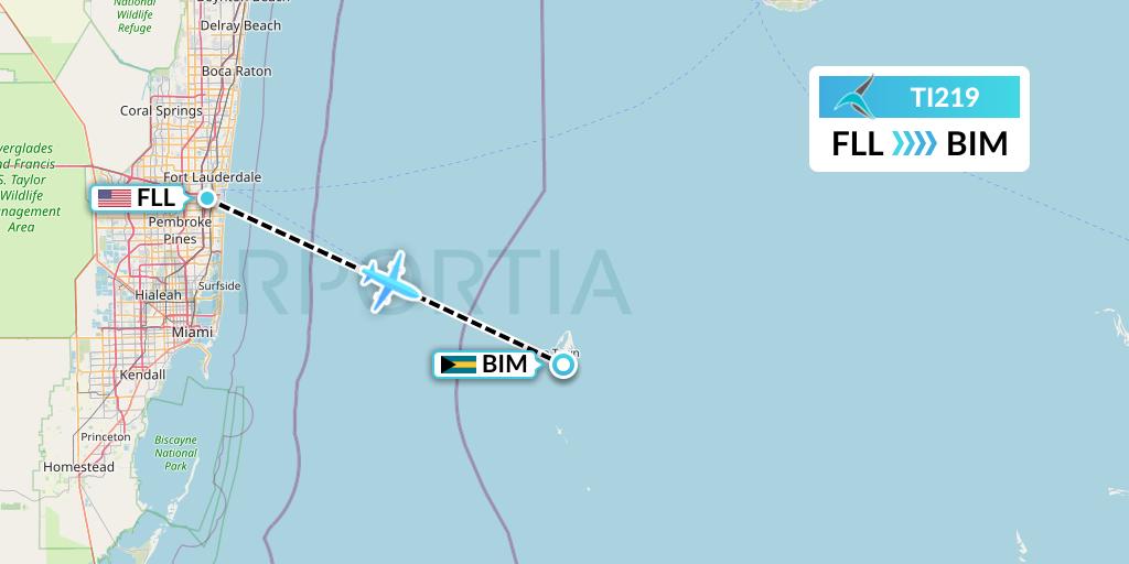 TI219 Tailwind Airlines Flight Map: Fort Lauderdale to South Bimini