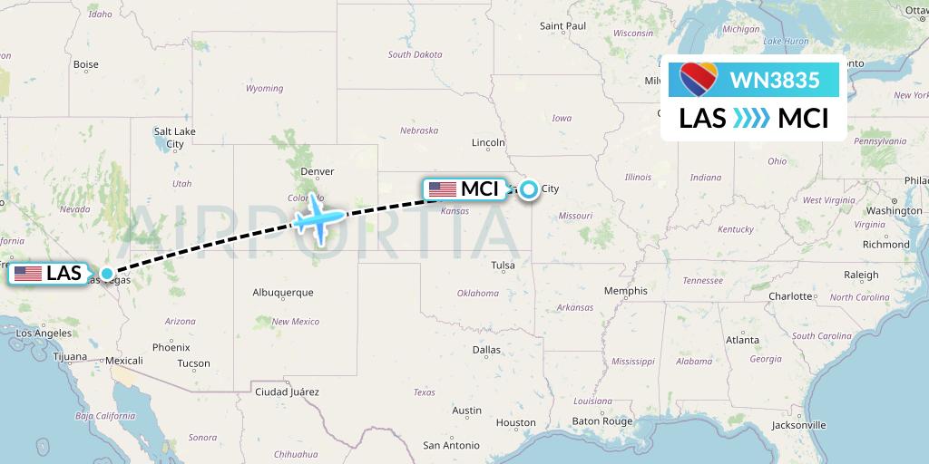 WN3835 Southwest Airlines Flight Map: Las Vegas to Kansas City
