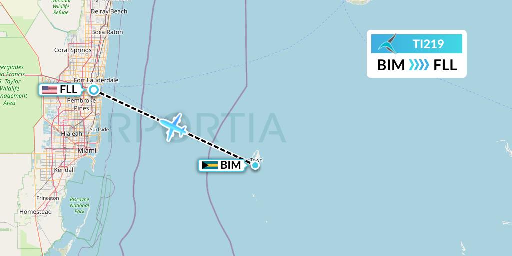 TI219 Tailwind Airlines Flight Map: South Bimini to Fort Lauderdale