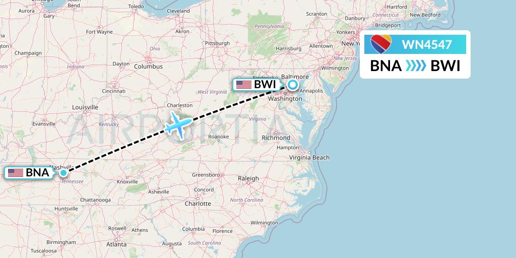 WN4547 Southwest Airlines Flight Map: Nashville to Baltimore