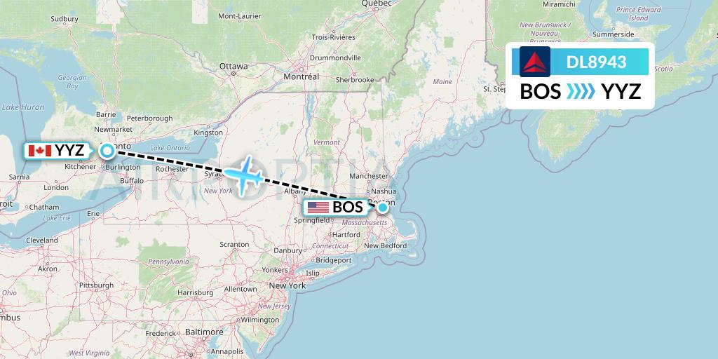 DL8943 Delta Air Lines Flight Map: Boston to Toronto