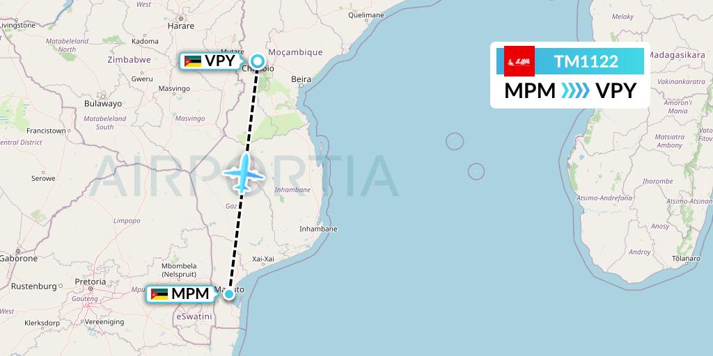 TM1122 LAM Mozambique Airlines Flight Map: Maputo to Chimoio