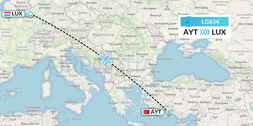 LG834 Luxair Flight Map: Antalya to Luxembourg