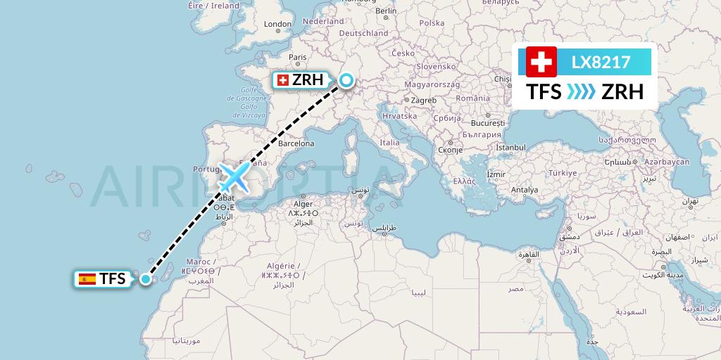 LX8217 Swiss Flight Map: Tenerife to Zurich