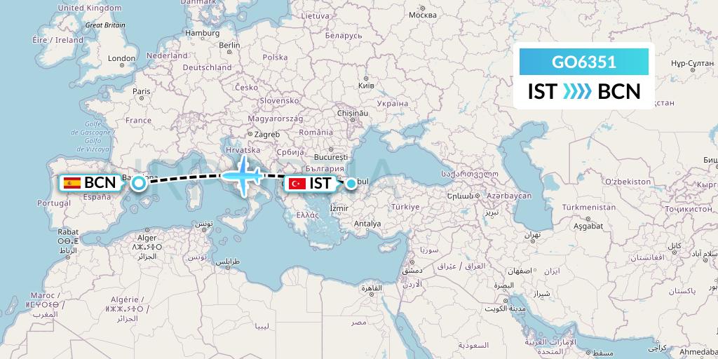 GO6351 ULS Airlines Cargo Flight Map: Istanbul to Barcelona