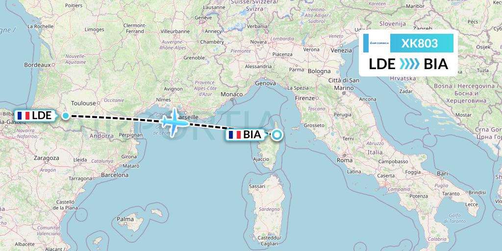 XK803 Air Corsica Flight Map: Tarbes to Bastia