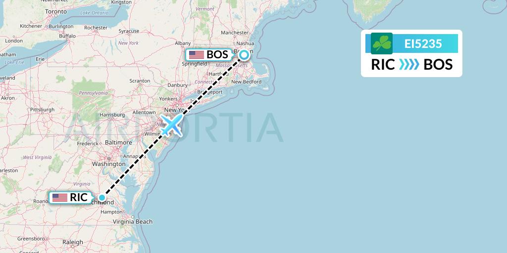 EI5235 Aer Lingus Flight Map: Richmond to Boston