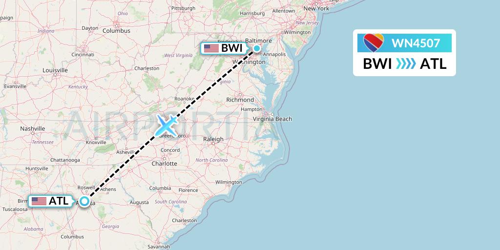 WN4507 Southwest Airlines Flight Map: Baltimore to Atlanta