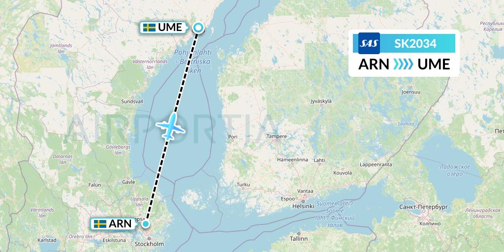 SK2034 SAS Flight Map: Stockholm to Umea