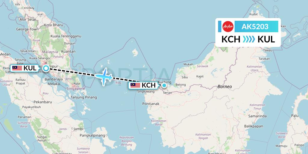 AK5203 AirAsia Flight Map: Kuching to Kuala Lumpur