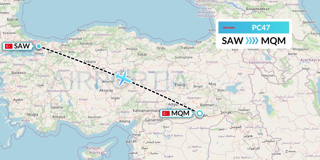 PC47 Pegasus Airlines Flight Map: Istanbul to Mardin
