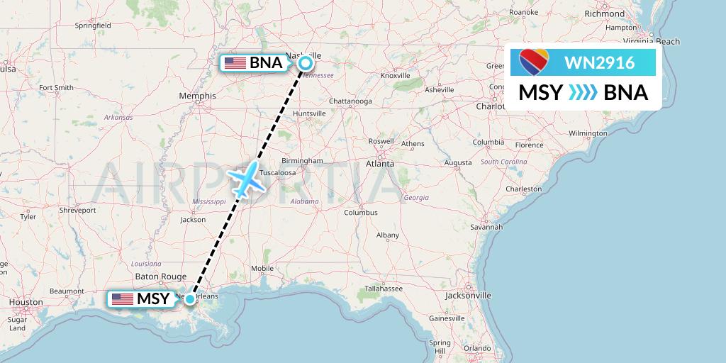 WN2916 Southwest Airlines Flight Map: New Orleans to Nashville
