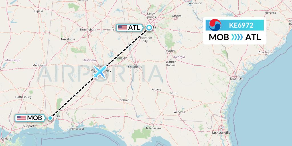 KE6972 Korean Air Flight Map: Mobile to Atlanta