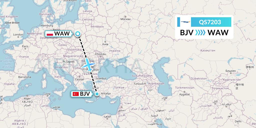 QS7203 Smartwings Flight Map: Bodrum to Warsaw
