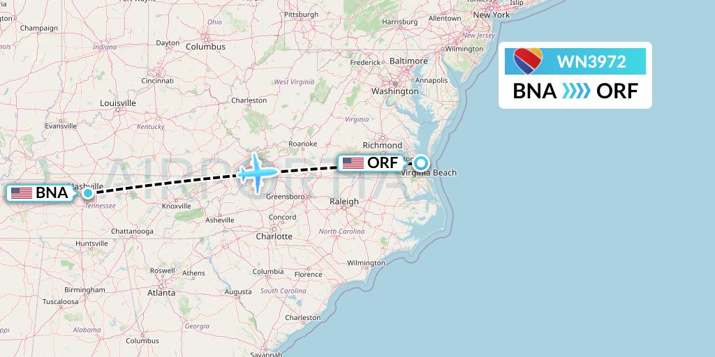 WN3972 Southwest Airlines Flight Map: Nashville to Norfolk