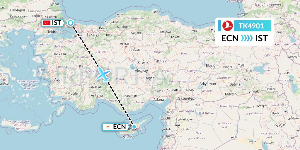 TK4901 Turkish Airlines Flight Map: Tymvou to Istanbul