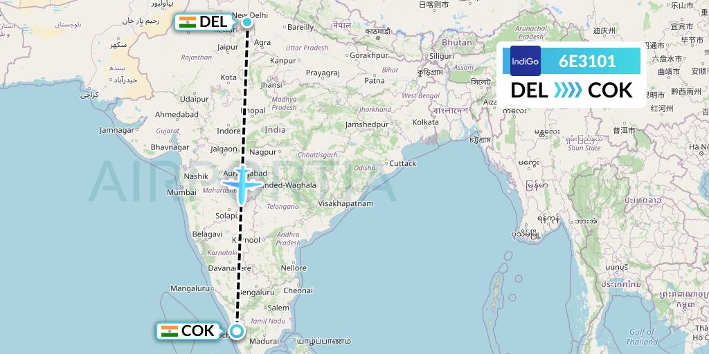 6E3101 IndiGo Airlines Flight Map: Delhi to Cochin