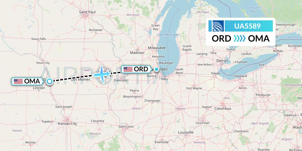UA5589 United Airlines Flight Map: Chicago to Omaha