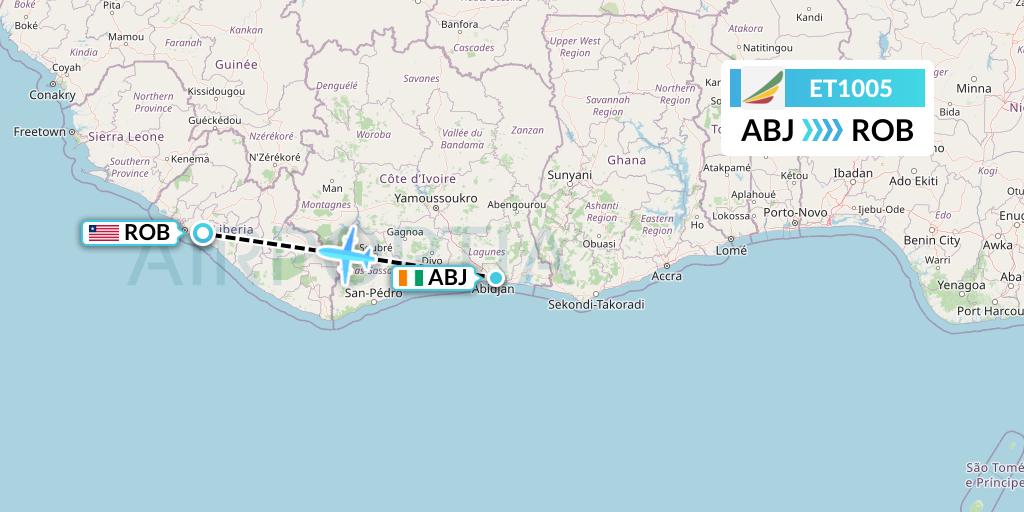ET1005 Ethiopian Airlines Flight Map: Abidjan to Monrovia