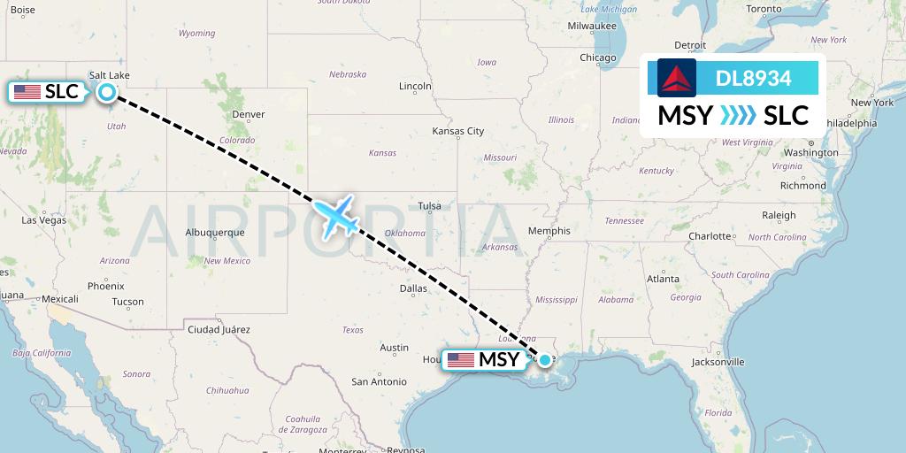 DL8934 Delta Air Lines Flight Map: New Orleans to Salt Lake City
