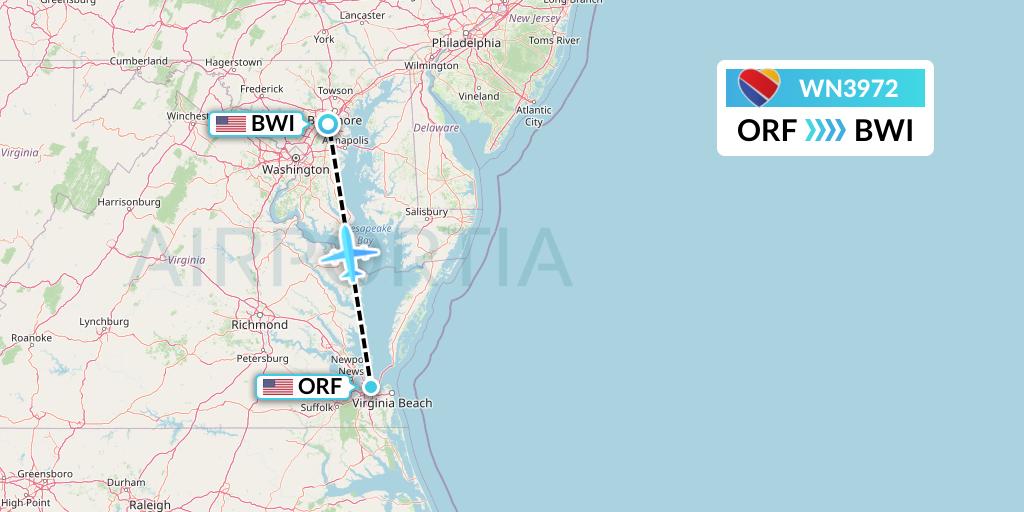 WN3972 Southwest Airlines Flight Map: Norfolk to Baltimore