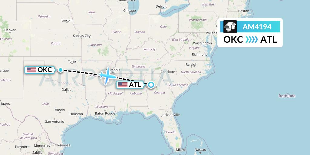 AM4194 Aeromexico Flight Map: Oklahoma City to Atlanta