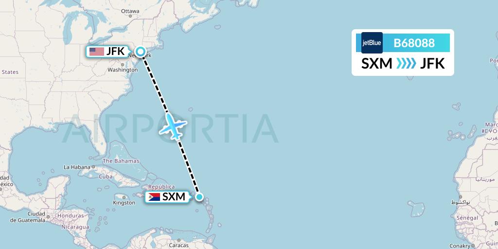 B68088 JetBlue Airways Flight Map: Sint Maarten to New York