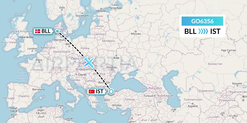 GO6356 ULS Airlines Cargo Flight Map: Billund to Istanbul