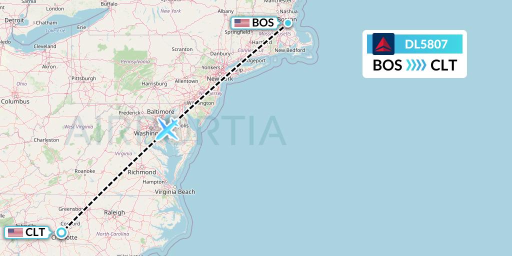 DL5807 Delta Air Lines Flight Map: Boston to Charlotte