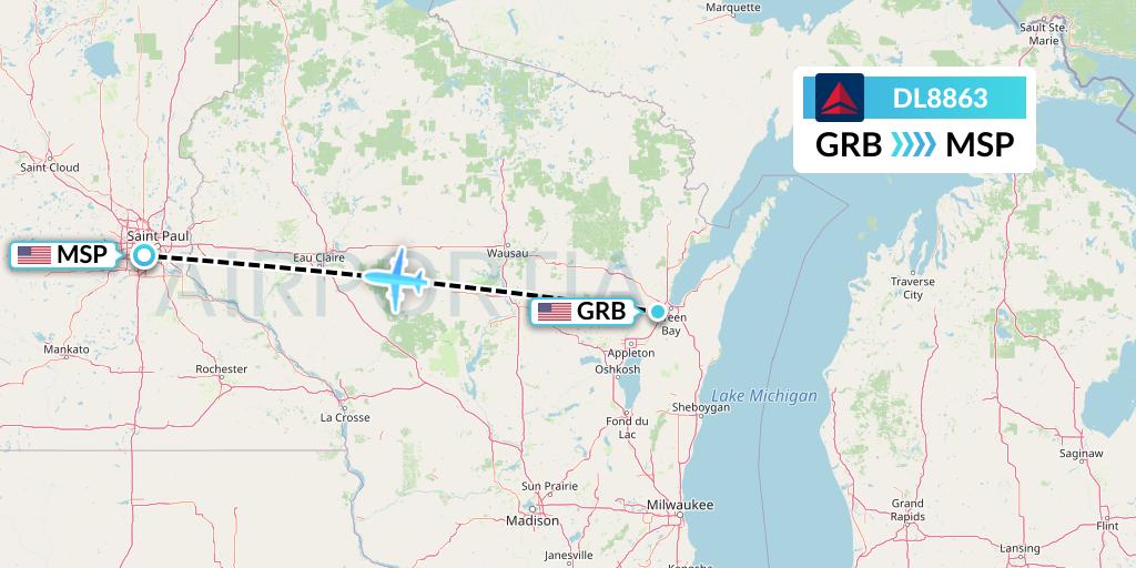 DL8863 Delta Air Lines Flight Map: Green Bay to Minneapolis
