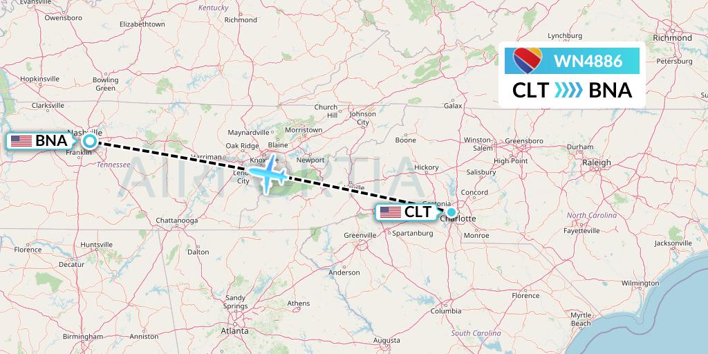 WN4886 Southwest Airlines Flight Map: Charlotte to Nashville