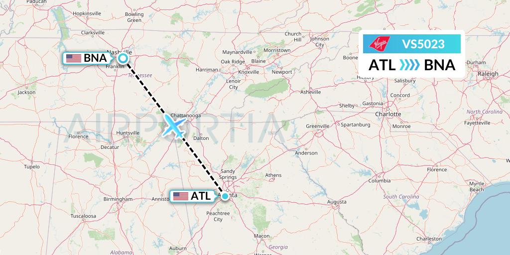 VS5023 Virgin Atlantic Airways Flight Map: Atlanta to Nashville
