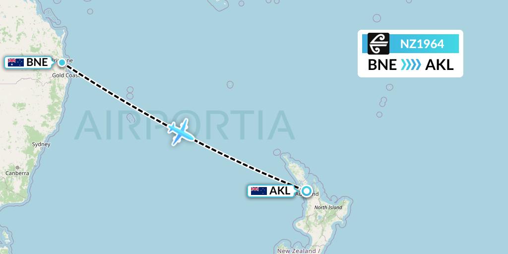 NZ1964 Air New Zealand Flight Map: Brisbane to Auckland