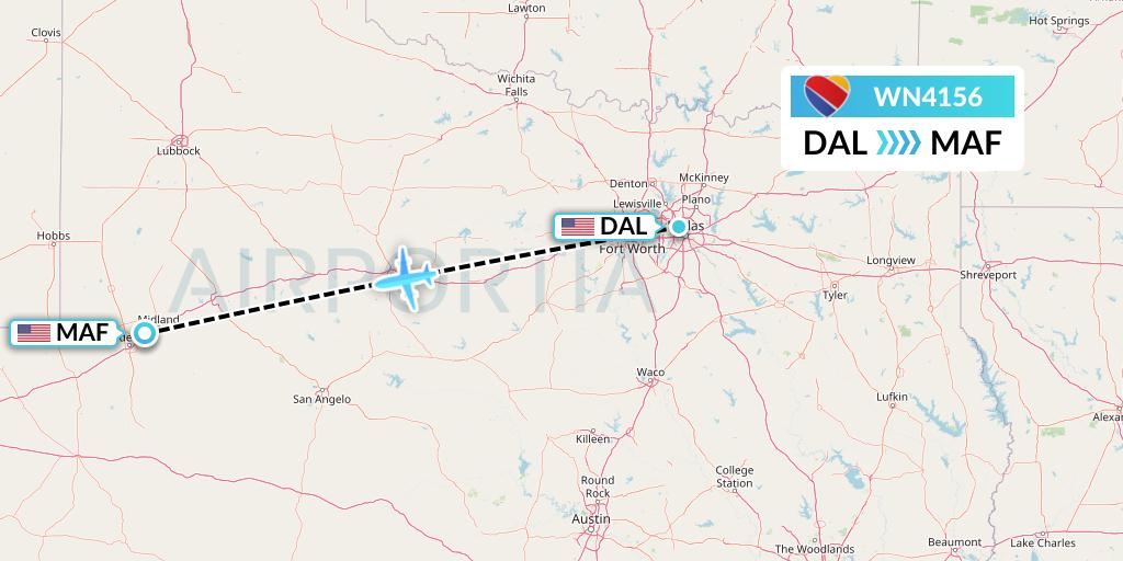 WN4156 Southwest Airlines Flight Map: Dallas to Midland
