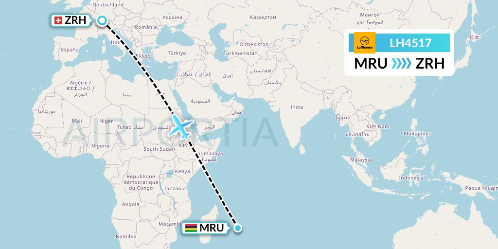 LH4517 Lufthansa Flight Map: Port Louis to Zurich