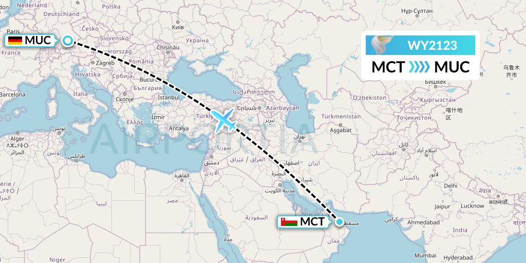 WY2123 Oman Air Flight Map: Muscat to Munich