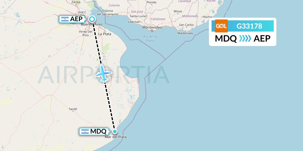 G33178 GOL Transportes Aeros Flight Map: Mar del Plata to Buenos Aires
