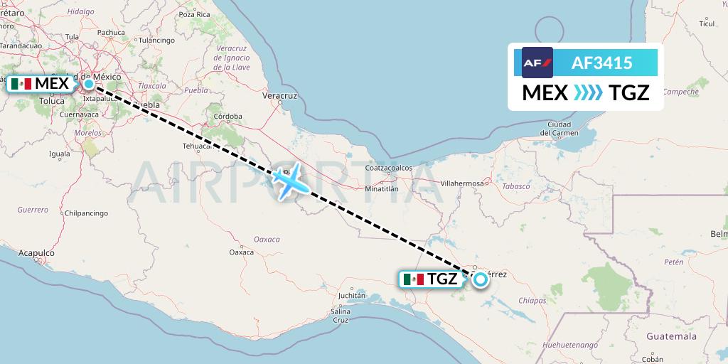 AF3415 Air France Flight Map: Mexico City to Tuxtla Gutierrez