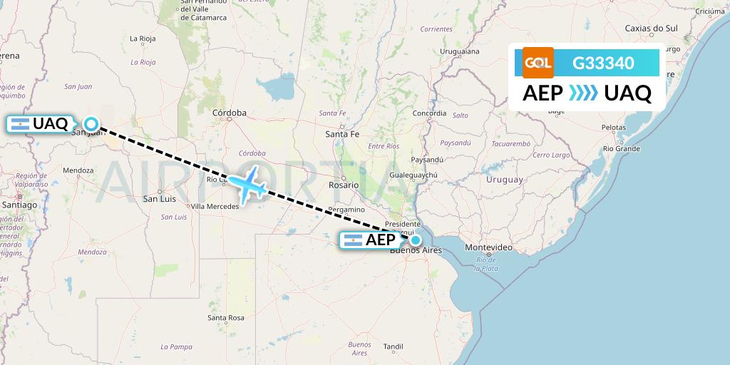 G33340 GOL Transportes Aeros Flight Map: Buenos Aires to San Juan