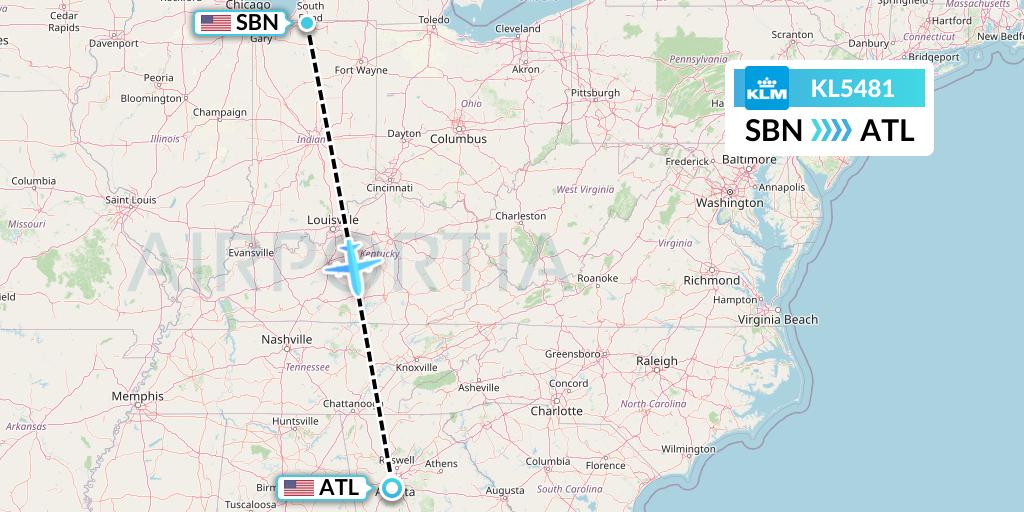 KL5481 KLM Flight Map: South Bend to Atlanta