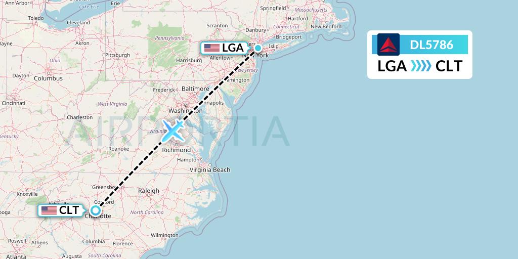DL5786 Delta Air Lines Flight Map: New York to Charlotte