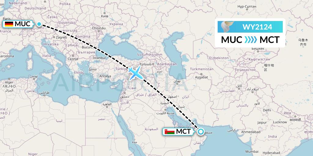 WY2124 Oman Air Flight Map: Munich to Muscat