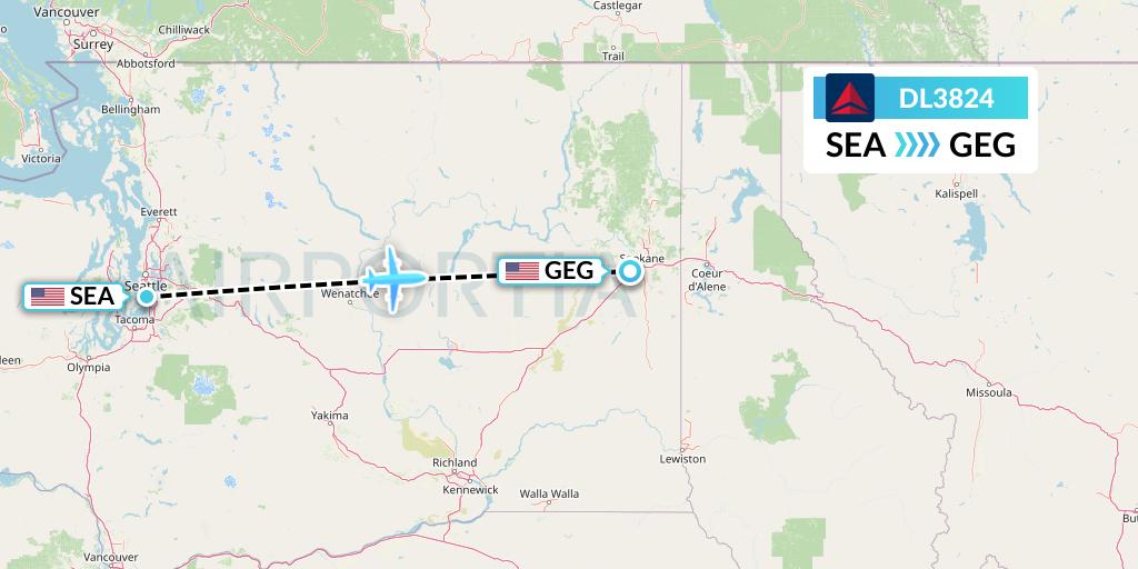 DL3824 Delta Air Lines Flight Map: Seattle to Spokane