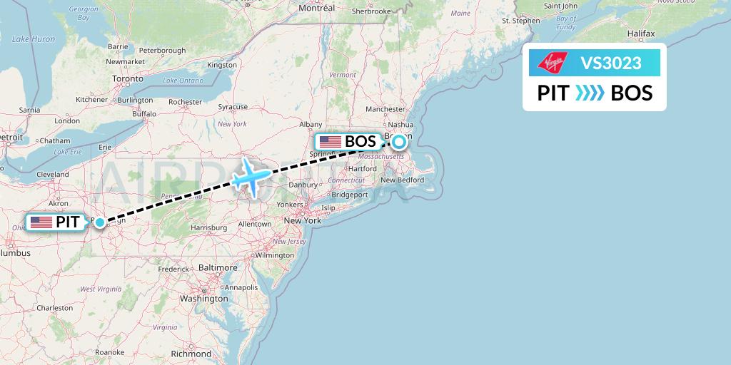 VS3023 Virgin Atlantic Airways Flight Map: Pittsburgh to Boston
